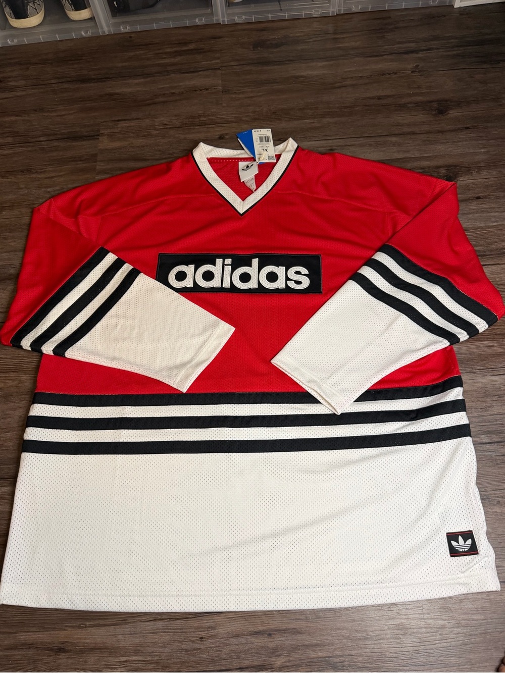 Adidas Originals Red, White & Black Hockey-Style Long Sleeve Jersey Size XL